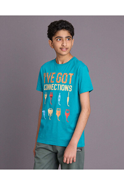 REDTAG Senior Boys Teal Graphic T Shirt
