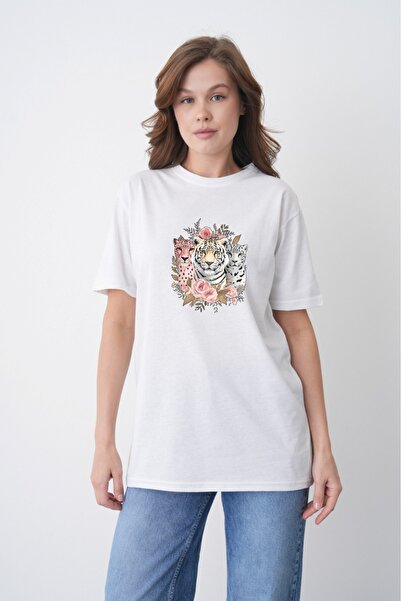 TREND EMMODA Tricou alb cu decolteu rotund, cu imprimeu cu 3 tigri, cu detali...