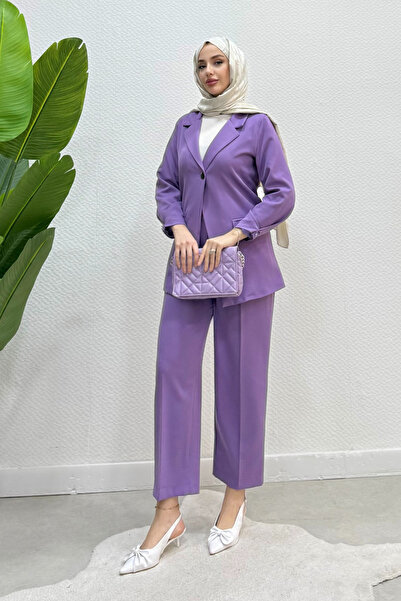 Tesettür Diyarı Γυναικείο Σετ Μπλέιζερ Παντελόνι με Χιτζάμπ - Μωβ