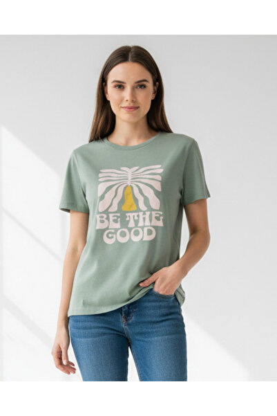 REDTAG Women Green Graphic Short Sleeve T Shirt