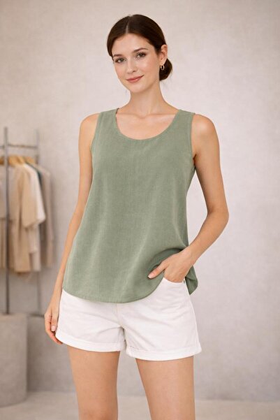 TISSUSTR kadın Bluz tencel kumaş günlük şık rahat kesim yazlık kolsuz soft do...