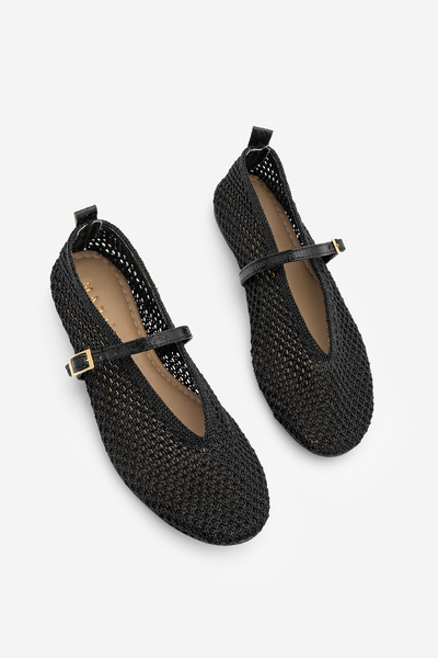 Marjin Kadın Yuvarlak Burun Mary Jane Fileli El Örgüsü Bantlı Babet Ugera Siyah