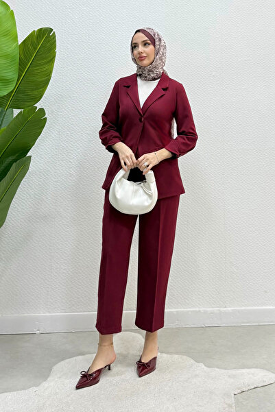 Tesettür Diyarı Γυναικείο Σετ Μπλέιζερ, Παντελόνι και Χιτζάμπ - Βουργουνδί