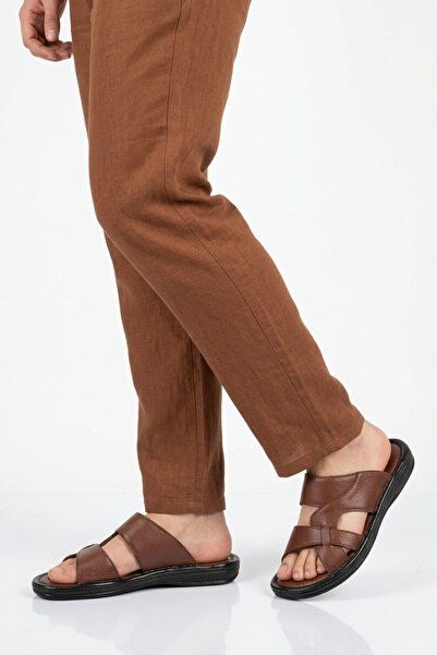 AYAKMOD Ανδρικές παντόφλες Tan από γνήσιο δέρμα με μαλακή σόλα 8521 M