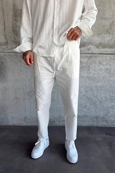 MADZEYMODA Men's Boyfriend Style Pleated White Linen Trousers with Elastic Wa...