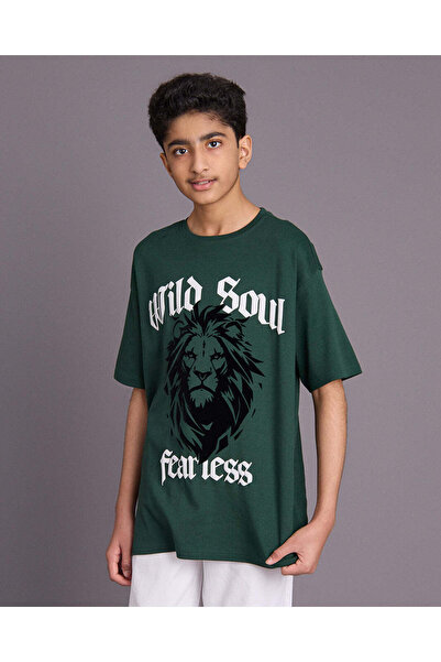 REDTAG Senior Boys Olive Printed T-Shirt