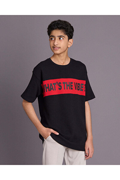 REDTAG Senior Boys Black Printed T-Shirt