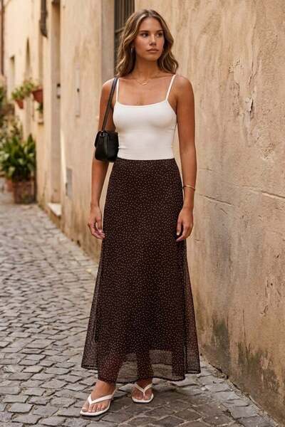 Madmext Γυναικεία φούστα από τούλι με μοτίβο πουά σε άχρωμο καφέ MG2708