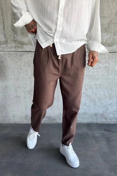 MADZEYMODA Boyfriend Kalıp Ανδρικό Λινό Παντελόνι με Ελαστική Μέση, Πλισέ, Κα...