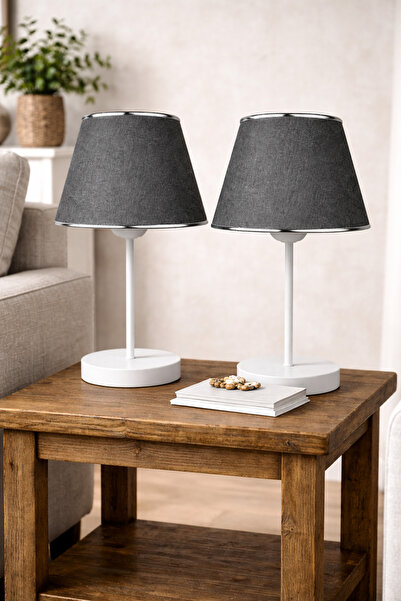 Eslight Soleva 2'li Modern Dekoratif Antrasit Kumaş Şapkalı Masa Lambası Krom...