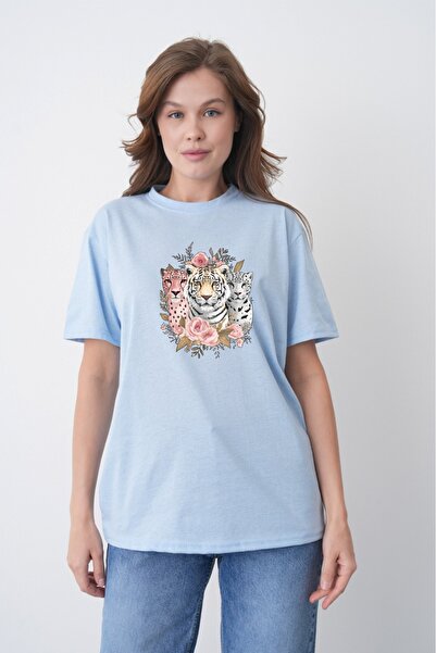 TREND EMMODA Tricou albastru cu gât rotund și imprimeu cu 3 tigri, cu detalii...
