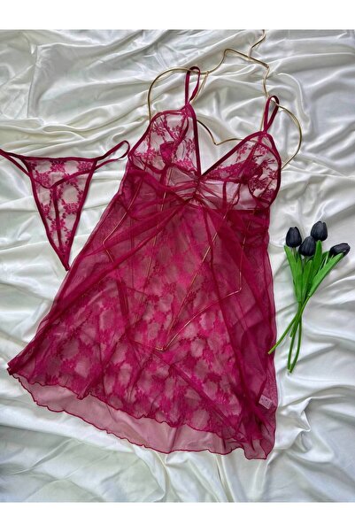 ROZENİN LINGERIE Büyük Beden Dantel Askılı Yırtmaç Detaylı Gecelik String Set