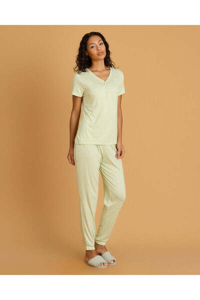 REDTAG Women Green Lace Trim Pajama Set