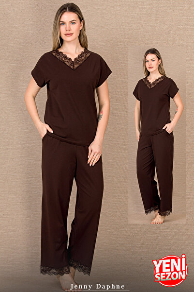 Jenny Daphne Γυναικείο Σετ Βαμβακερές Πιτζάμες Άνετη Γραμμή με Δαντέλα Λεπτομ...