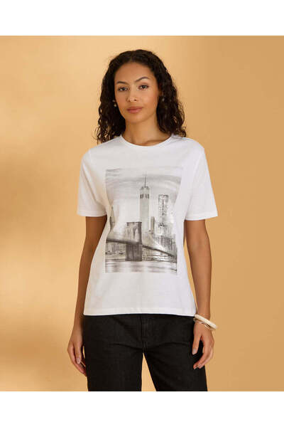 REDTAG Women White Printed T Shirt