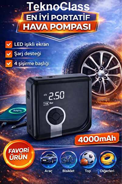 TeknoClass Dijital Göstergeli Mini Hava Kompresörü – Taşınabilir Akıllı Lasti...