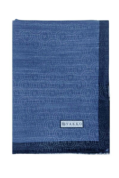 Vakko Cotton Silk Shawl - Spiral Monogram - Dark Denim Blue
