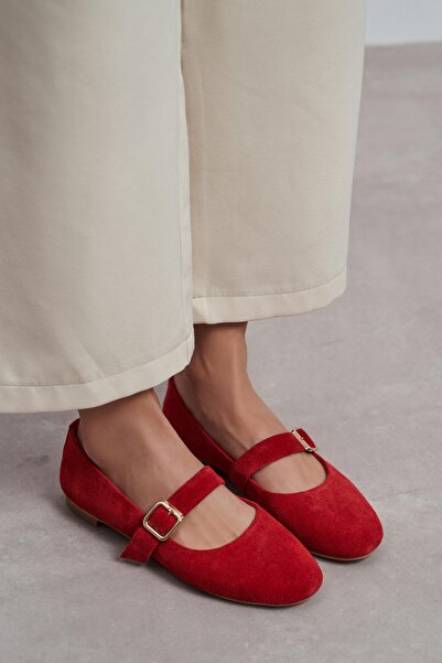 NİŞANTAŞI SHOES Γυναικεία παπούτσια μπαλαρίνας Berlin Red Suede με δερμάτινη ...