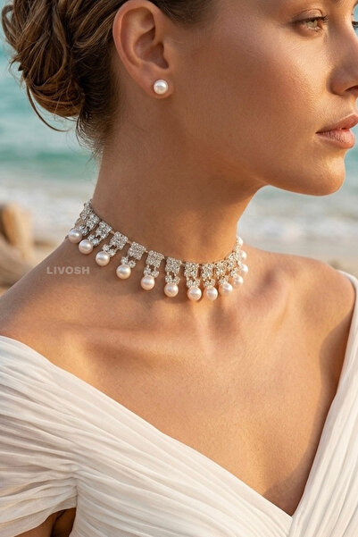 LIVOSH İNCİLİ KRİSTAL KARE TAŞLI CHOKER KOLYE GELİN KOLYESİ ÖZEL GÜN KOLYESİ