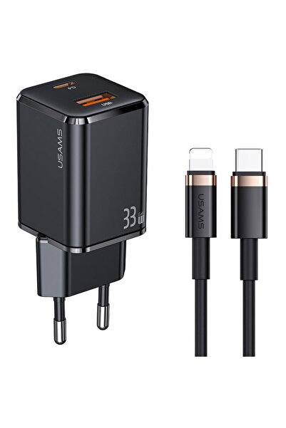 Usams Incarcator Priza 1xUSB-C GaN 33W, 1xUSB-A QC3.0 + Cablu Lightning 1.2m ...