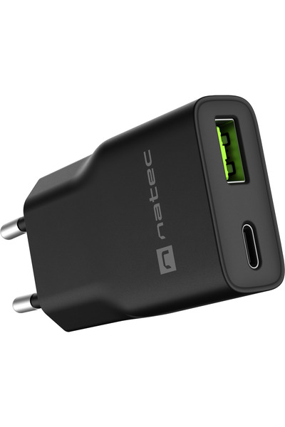 Natec Încărcător USB Ribera Gan Slim USB 1X USB-A + 1X USB-C 20W, Negru