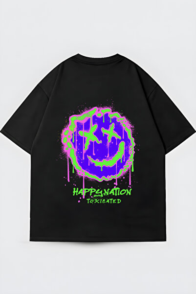 FUWEAR Μπλουζάκι Unisex Μαύρο Oversize Happy Nation με γραφικό σχέδιο από χτε...