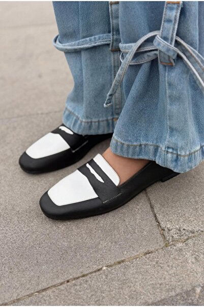 I Love Shoes Melniel Γνήσιο Δερμάτινο Γυναικείο Loafer Μαύρο-Λευκό