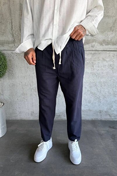 MADZEYMODA Ανδρικό λινό παντελόνι Boyfriend Fit με ελαστική μέση, πλισέ, σε ν...