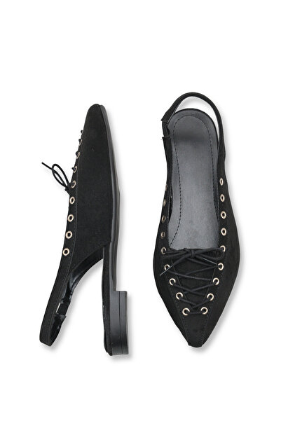 Bak Store Μαύρα σουέτ γυναικεία παπούτσια μπαλαρίνας με κορδόνια και μυτερή μ...