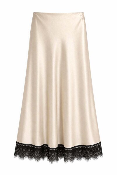 Mixray 4889 Γυναικεία δαντελένια λεπτομερής σατέν μίντι φούστα με πέτρες