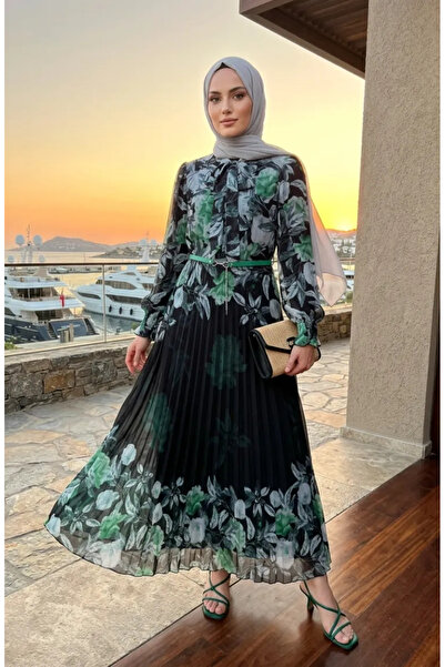 sefamerve Φόρεμα σιφόν με σχέδια και ζώνη 50006-02 Πράσινο