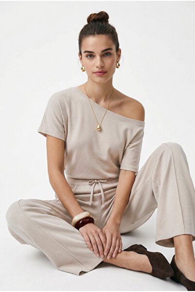 Ritnice Women's Zeny Modal Touch Boat Neck Elastic Waist Pocketed Stone Botto...