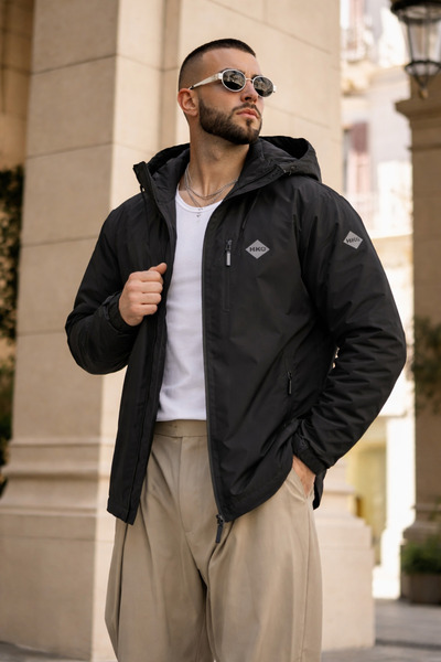 hacker Men's Printed Hooded Black Raincoat & Windbreaker