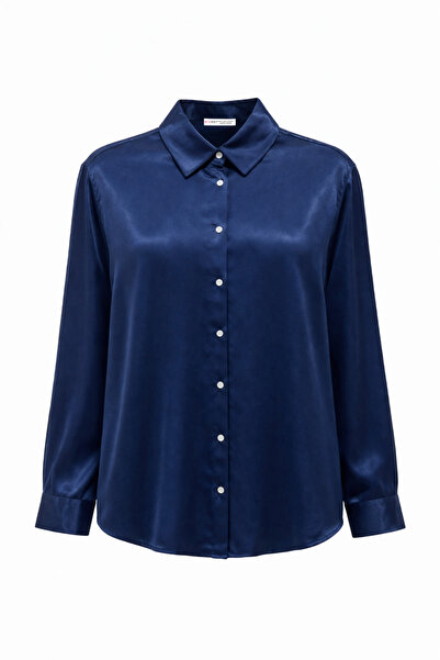 Mixray 3836 Дамска базова сатенена дълга риза тъмносиня