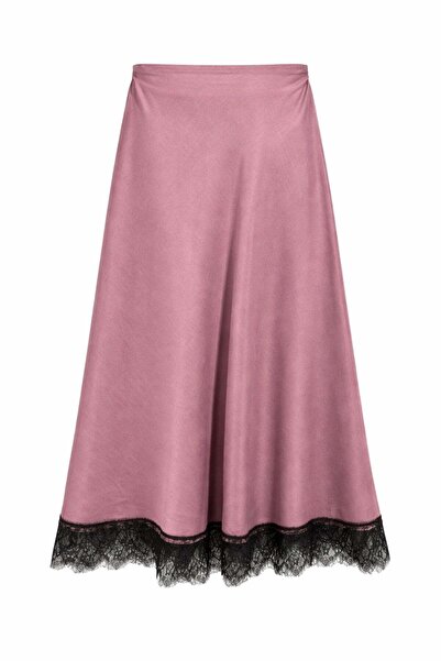 Mixray 4889 Γυναικεία δαντελένια λεπτομερής σατέν μίντι φούστα δαμασκηνί