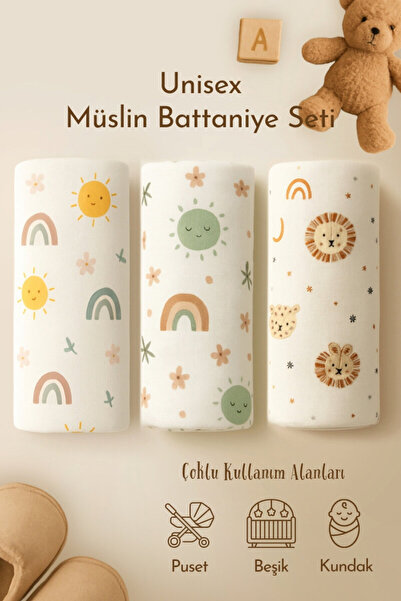 Bimotif 3lü Unisex Bebek Battaniye Seti, 80x80 cm, Organik Müslin Çok Amaçlı ...