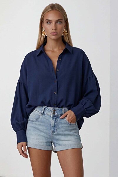 Trend Alaçatı Stili Μπλε ναυτικό πουκάμισο από λινό με φαρδιές μανσέτες και μ...