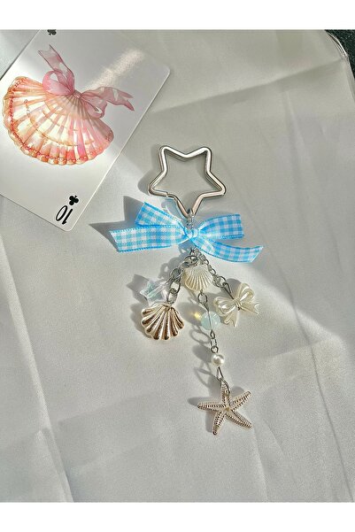 bohemian takı tasarim Summertime Vibes Mavi Ekose Fiyonklu Çanta Charmı