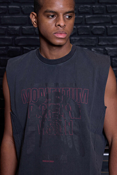 QUİCKPREP Streetwear "Momentum" Printed Sleeveless Oversize T-Shirt - Washabl...