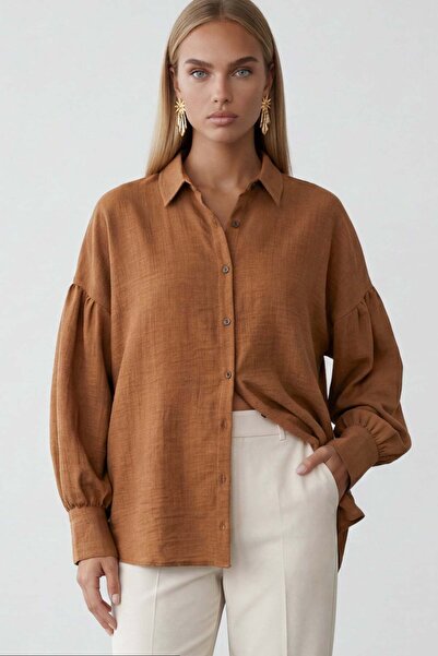 Trend Alaçatı Stili Λινό πουκάμισο μεγάλου μεγέθους με φαρδιά μανίκια και λεπ...
