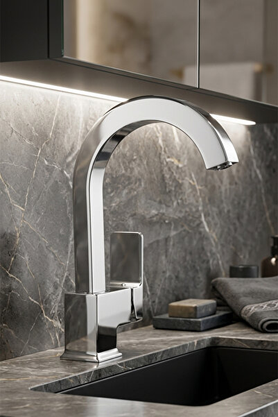 KUSTAR Kare Krom Lavabo Bataryası – Tek Kollu Aç Kapa Musluk | Modern Lüks Tasarım | Profil Paslanmaz