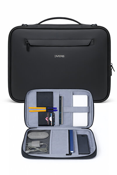 D'VERS Geantă neagră din piele artificială cu 7 compartimente, 14-15,6-16,1-1...