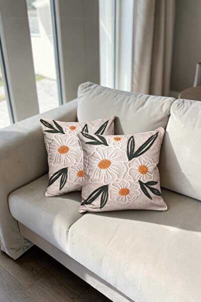 ÖZDAĞ HOME CONCEPT Daisy Patterned Decorative Throw Pillow Cover – Natural an...