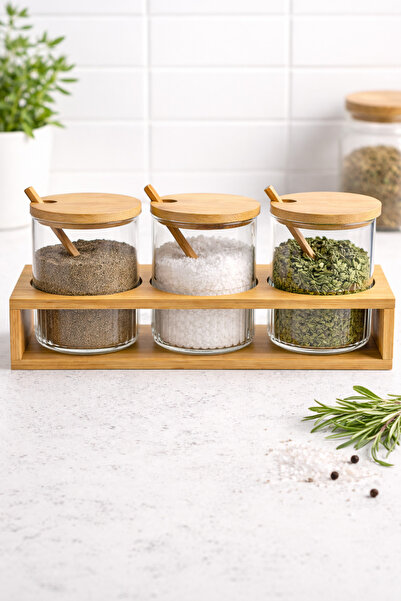 NOKKA 3-Piece Glass Spice Jar Set with Stand – (8X8 cm) Spice Jar with Bamboo...