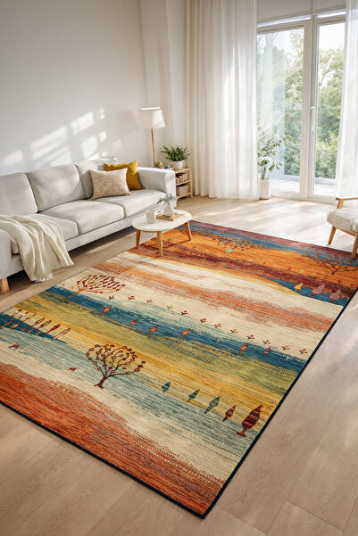 Toronto Home Dijital Kaymaz Yıkanabilir Etnik Vintage Renkli Salon Halısı Mut...