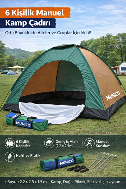 Munico 6 Kişilik Aile Kullanımı Geniş Alan Kurulum Dayanıklı Outdoor Çadır Ko...