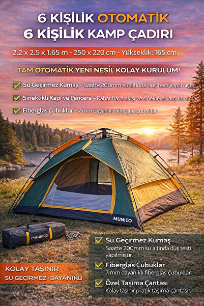 Munico 6 Kişilik Kapasiteli Kamp Çadırı Şemsiye Sistem Kolay Kurulum Su Geçir...