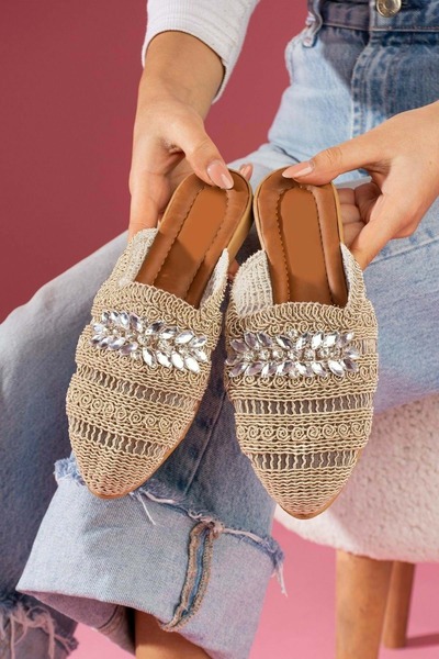 AYAKCİTY Forlan Special Model Straw Embroidered Stone Detailed Slippers