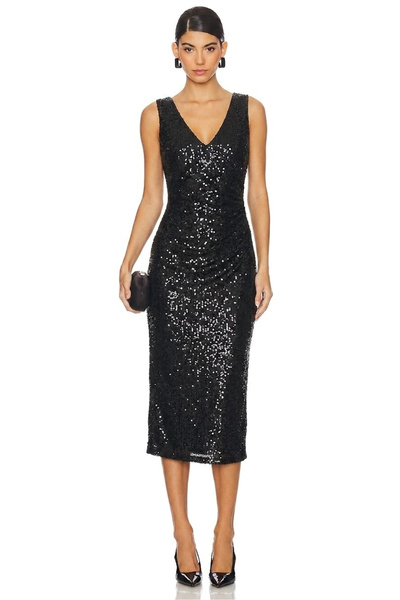 AFR CLOTHES Γυναικείο μαύρο βραδινό φόρεμα με λαιμόκοψη V, μίντι μήκους, με π...