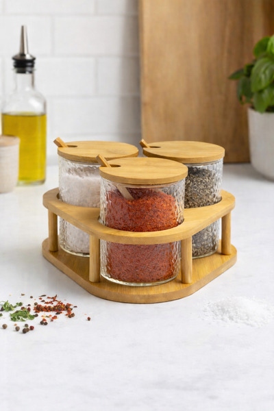 NOKKA 3-Piece Glass Spice Jar Set with Spoon and Bamboo Stand, Glass Spice Ja...